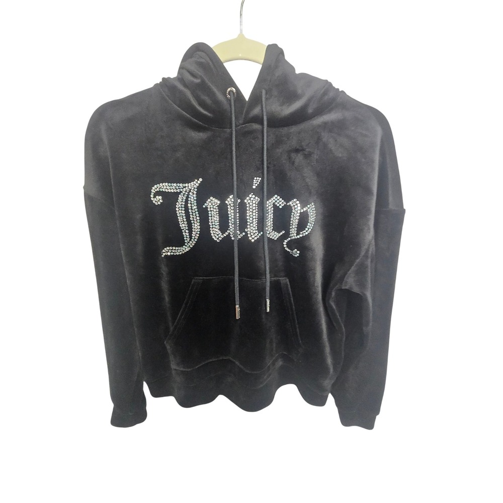 Juicy‎ Couture Hoodie Womens Small Black Velour Rhinestone Logo Pullover Hooded